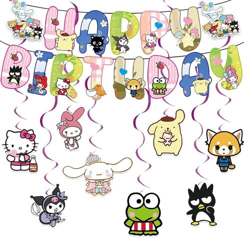 Kawaii Birthday Party Supplies Banner and 8*Hanging Swirls for Kuromi and My Melody Birthday Decorations, Kids Boys and Girls for Kitty and Friends Birthday Party Decorations Happy Theme. in Kuwait