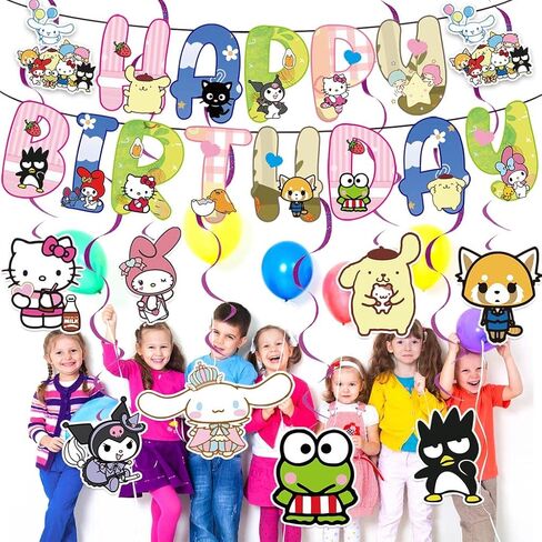Kawaii Birthday Party Supplies Banner and 8*Hanging Swirls for Kuromi and My Melody Birthday Decorations, Kids Boys and Girls for Kitty and Friends Birthday Party Decorations Happy Theme. in Kuwait