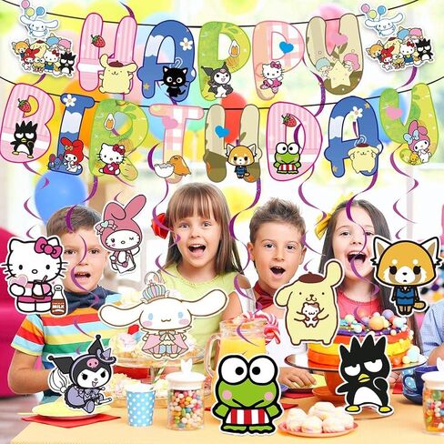 Kawaii Birthday Party Supplies Banner and 8*Hanging Swirls for Kuromi and My Melody Birthday Decorations, Kids Boys and Girls for Kitty and Friends Birthday Party Decorations Happy Theme. in Kuwait