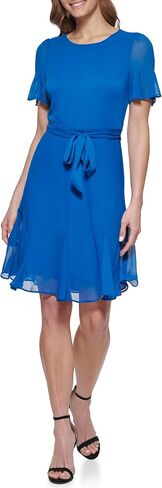 DKNY Women's Double Ruffle Sleeve Fit and Flare Dress in Saudi Arabia