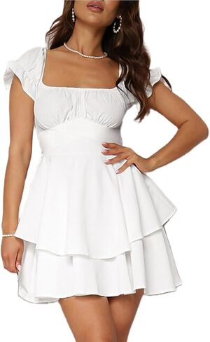 Yuemengxuan Women Summer Dresses 2024 Square Neck Ruched Ruffle Mini Dress Layered Tie Back Flowy Graduation Dress in Saudi Arabia