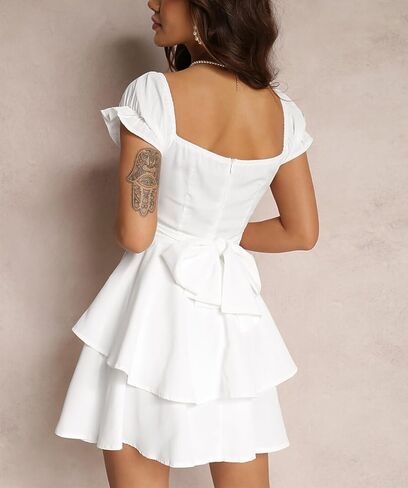 Yuemengxuan Women Summer Dresses 2024 Square Neck Ruched Ruffle Mini Dress Layered Tie Back Flowy Graduation Dress in Saudi Arabia