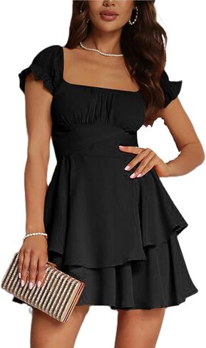 Yuemengxuan Women Summer Dresses 2024 Square Neck Ruched Ruffle Mini Dress Layered Tie Back Flowy Graduation Dress in Saudi Arabia