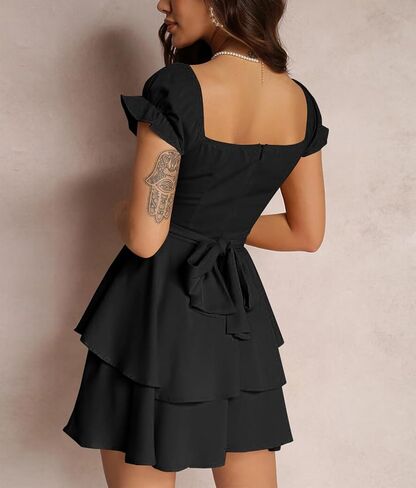 Yuemengxuan Women Summer Dresses 2024 Square Neck Ruched Ruffle Mini Dress Layered Tie Back Flowy Graduation Dress in Saudi Arabia