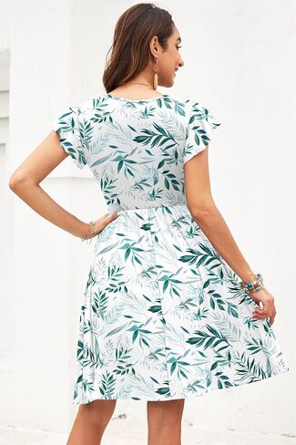 WNEEDU Summer Dresses for Women 2024 Ruffle Sleeve Casual Sundress Swing Elastic Waist Dress with Pockets in Saudi Arabia