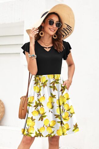 WNEEDU Summer Dresses for Women 2024 Ruffle Sleeve Casual Sundress Swing Elastic Waist Dress with Pockets in Saudi Arabia