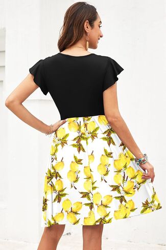 WNEEDU Summer Dresses for Women 2024 Ruffle Sleeve Casual Sundress Swing Elastic Waist Dress with Pockets in Saudi Arabia