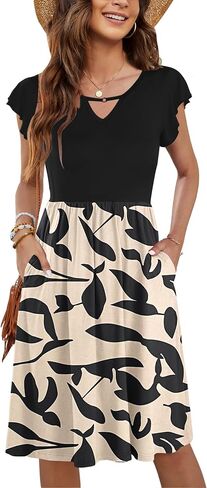 WNEEDU Summer Dresses for Women 2024 Ruffle Sleeve Casual Sundress Swing Elastic Waist Dress with Pockets in Saudi Arabia