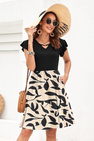 WNEEDU Summer Dresses for Women 2024 Ruffle Sleeve Casual Sundress Swing Elastic Waist Dress with Pockets in Saudi Arabia