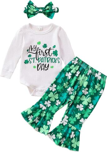 My First St Patrick's Day Newborn Baby Girl Set Threaded Raglan Top + Clover Flared Pants Headband Set in Kuwait