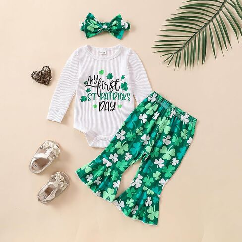 My First St Patrick's Day Newborn Baby Girl Set Threaded Raglan Top + Clover Flared Pants Headband Set in Kuwait