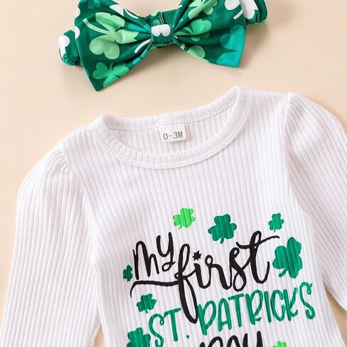 My First St Patrick's Day Newborn Baby Girl Set Threaded Raglan Top + Clover Flared Pants Headband Set in Kuwait