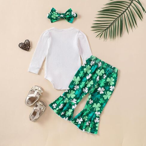 My First St Patrick's Day Newborn Baby Girl Set Threaded Raglan Top + Clover Flared Pants Headband Set in Kuwait
