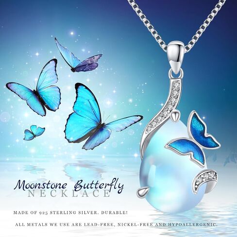 Blue Butterfly Necklace for Women Girls 925 Sterling Silver Butterfly Moonstone Necklace Teardrop Pendant Jewelry Gifts for Butterfly Lovers in Saudi Arabia