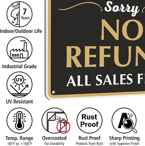 SmartSign “We Will Gladly Exchange Or Credit Returns, Sorry No Cash Refunds" Store Policy Metal Sign, 7 x 10 inch, 40 mil Laminated Rustproof Aluminum, Black, White and Gold, Made in USA in Saudi Arabia