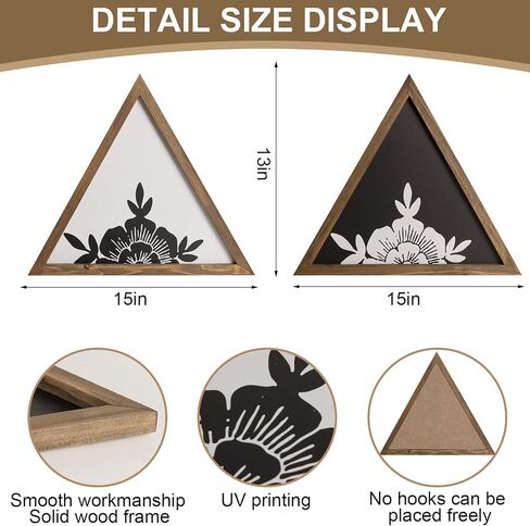 flangairy Floral Wall Decor Wooden Botanical Wall Art Framed Boho Wood Geometric Triangles Black White Bedroom Bathroom Room Home Decorations in Kuwait