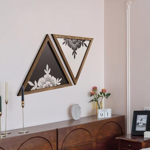 flangairy Floral Wall Decor Wooden Botanical Wall Art Framed Boho Wood Geometric Triangles Black White Bedroom Bathroom Room Home Decorations in Kuwait