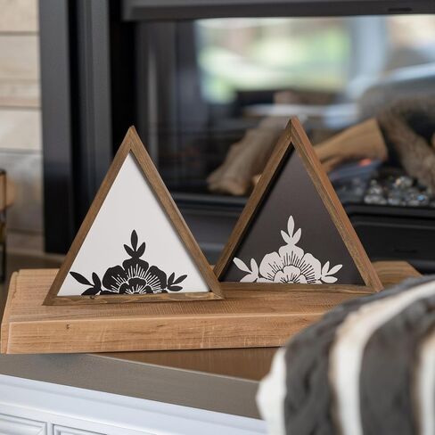 flangairy Floral Wall Decor Wooden Botanical Wall Art Framed Boho Wood Geometric Triangles Black White Bedroom Bathroom Room Home Decorations in Kuwait