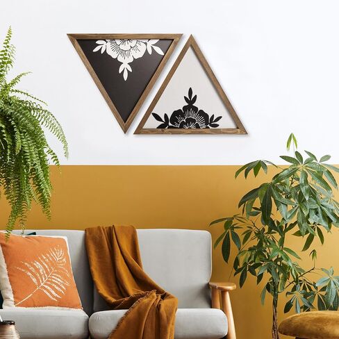 flangairy Floral Wall Decor Wooden Botanical Wall Art Framed Boho Wood Geometric Triangles Black White Bedroom Bathroom Room Home Decorations in Kuwait