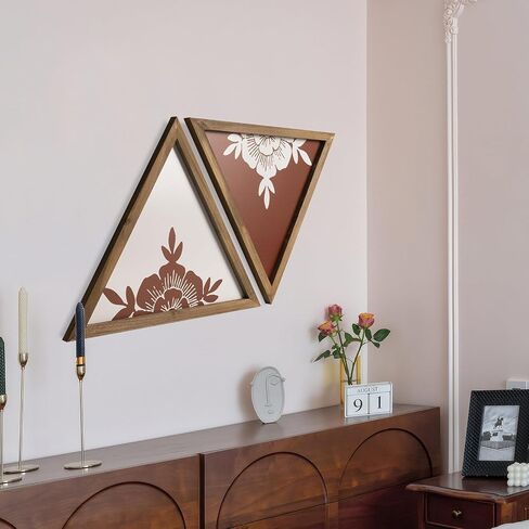 flangairy Floral Wall Decor Wooden Botanical Wall Art Framed Boho Wood Geometric Triangles Black White Bedroom Bathroom Room Home Decorations in Kuwait