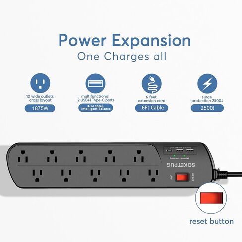 Surge Protector Power Strip, 10 Outlets with 1 USB C and 2 USB Ports for Home, Office, Desk Charging Station, 6ft Extension Cord(1875W), 2100J in Saudi Arabia