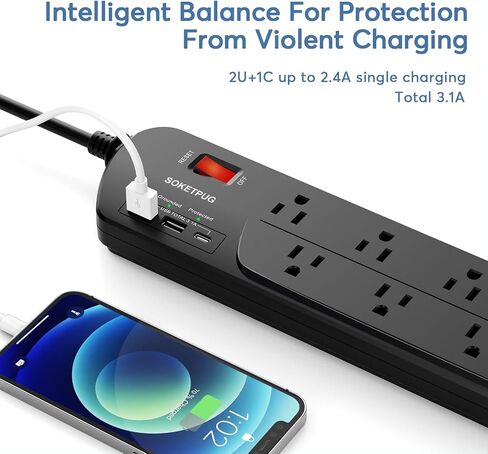 Surge Protector Power Strip, 10 Outlets with 1 USB C and 2 USB Ports for Home, Office, Desk Charging Station, 6ft Extension Cord(1875W), 2100J in Saudi Arabia