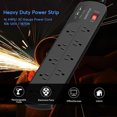 Surge Protector Power Strip, 10 Outlets with 1 USB C and 2 USB Ports for Home, Office, Desk Charging Station, 6ft Extension Cord(1875W), 2100J in Saudi Arabia