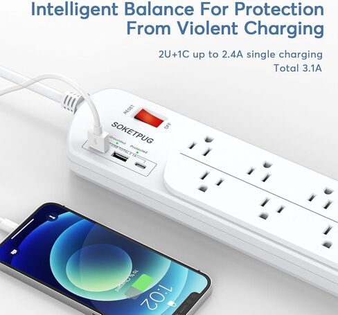 قطاع طاقة واقي من زيادة التيار، 10 منافذ مع 1 USB C ومنفذي USB للمنزل والمكتب ومحطة شحن المكتب، وسلك تمديد 6 أقدام (1875 وات)، 2100J in Kuwait