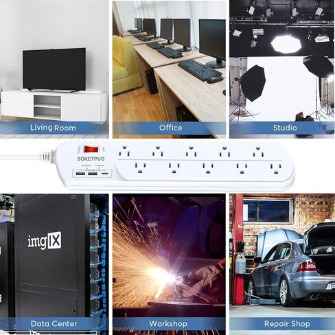 قطاع طاقة واقي من زيادة التيار، 10 منافذ مع 1 USB C ومنفذي USB للمنزل والمكتب ومحطة شحن المكتب، وسلك تمديد 6 أقدام (1875 وات)، 2100J in Kuwait