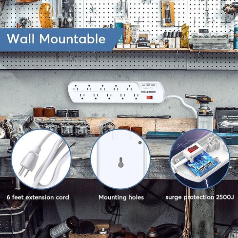 قطاع طاقة واقي من زيادة التيار، 10 منافذ مع 1 USB C ومنفذي USB للمنزل والمكتب ومحطة شحن المكتب، وسلك تمديد 6 أقدام (1875 وات)، 2100J in Kuwait