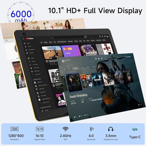 تابلت أندرويد، كمبيوتر لوحي 10 بوصة 2 جيجابايت + 32 جيجابايت يدعم 512 جيجابايت توسيع، كاميرا مزدوجة 2 ميجابكسل و8 ميجابكسل، شاشة IPS 1280 × 800، واي فاي، بلوتوث، 6000 مللي أمبير، تابلت معتمد من Google GMS، أصفر in Kuwait