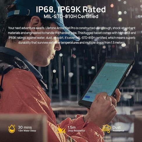 Ulefone Armor Pad PRO 8 Inch 4G Rugged Tablet,16GB+128GB(2TB Expandable),48MP+32MP 7650mAh IP68 Andriod 14 Tablets,4G LTE/2.4G+5G WiFi,OTG,GPS,NFC in Saudi Arabia