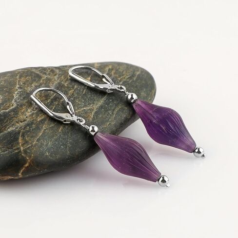 CRYSTALIS Amethyst Gemstone Earring Set, Dainty Pair Jewelry for Women, Natural Carved Beads, Chakra Crystal, Wardrobe Essential Jewelry, 925 Sterling Silver in Saudi Arabia