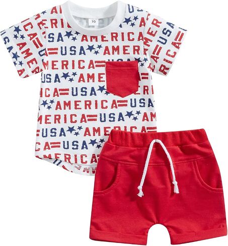4th of July Baby Boy Outfit Short Sleeve T-shirt and Shorts Set Toddler Boy American Flag Independence Day Outfits in Saudi Arabia