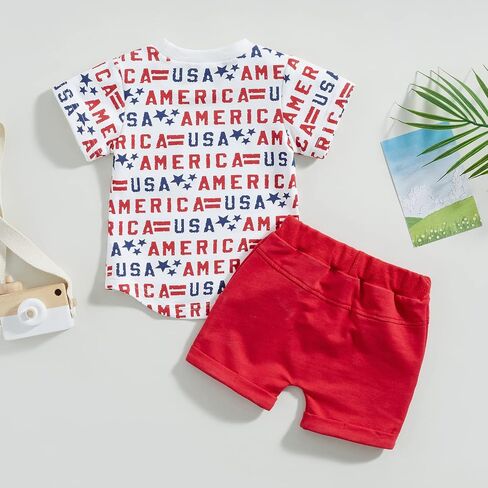 4th of July Baby Boy Outfit Short Sleeve T-shirt and Shorts Set Toddler Boy American Flag Independence Day Outfits in Saudi Arabia