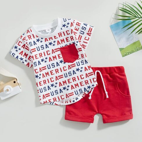 4th of July Baby Boy Outfit Short Sleeve T-shirt and Shorts Set Toddler Boy American Flag Independence Day Outfits in Saudi Arabia
