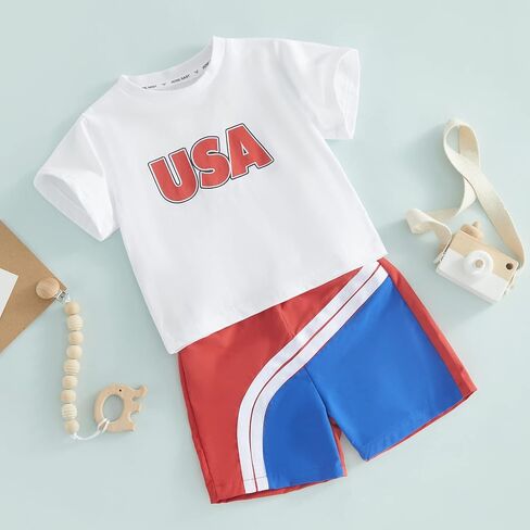 4th of July Baby Boy Outfit Short Sleeve T-shirt and Shorts Set Toddler Boy American Flag Independence Day Outfits in Saudi Arabia