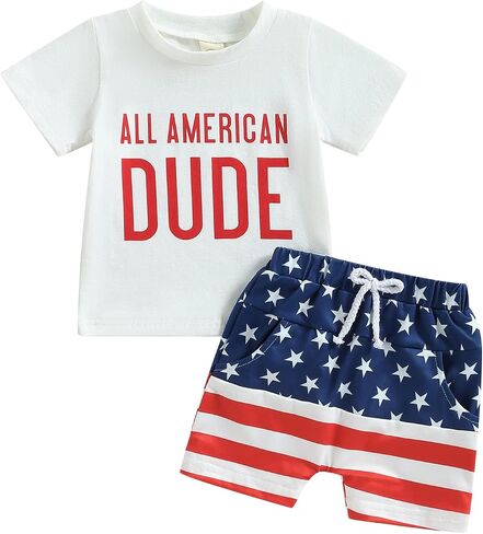 4th of July Baby Boy Outfit Short Sleeve T-shirt and Shorts Set Toddler Boy American Flag Independence Day Outfits in Saudi Arabia