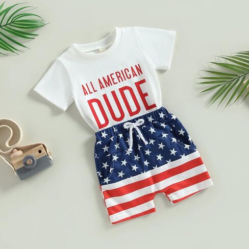 4th of July Baby Boy Outfit Short Sleeve T-shirt and Shorts Set Toddler Boy American Flag Independence Day Outfits in Saudi Arabia