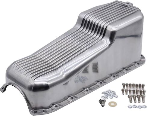 Polished Aluminum Finned Oil Pan Kit Bolts Plug Fits SB Chevy 327 350 SBC 1955-79,Driver's Side Dipstick in Saudi Arabia