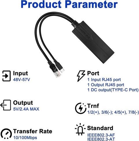 MEIRIYFA USB نوع C PoE Splitter 5V 2.4A، PoE إلى USB-C محول 10/100Mbps IEEE 802.3af طاقة قياسية عبر إيثرنت للأجهزة اللوحية، Dropcam، كاميرات IP الأمنية والمزيد in Saudi Arabia