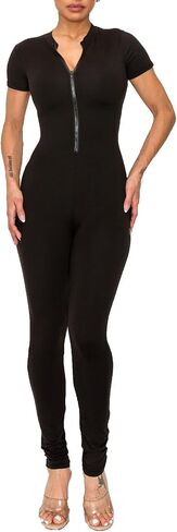 Women Workout Jumpsuit Zip Up Short Sleeve Sexy Bodycon Slim Fit One Piece in Saudi Arabia