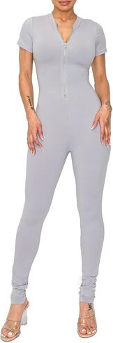 Women Workout Jumpsuit Zip Up Short Sleeve Sexy Bodycon Slim Fit One Piece in Saudi Arabia