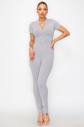 Women Workout Jumpsuit Zip Up Short Sleeve Sexy Bodycon Slim Fit One Piece in Saudi Arabia