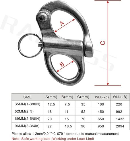 Stainless Steel 316 Pair of 1-3/8"(35MM) 2IN(52MM) 2-3/4IN(69MM) 33/4in(96mm) Fixed Bail Snap Shackle for Bracelet, Sailboat in Saudi Arabia