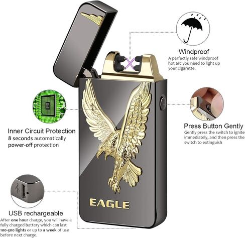 USB Rechargeable Flameless Lighters Windproof Electronic Zinc Plasma Dual Pulse Arc Lighter Eagle Lighters for Candle Camping BBQs Business Gift in Saudi Arabia