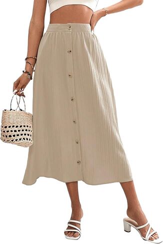 Milumia Women's Button Front A Line Midi Skirt High Waisted Plisse Flared Swing Skirts in Saudi Arabia