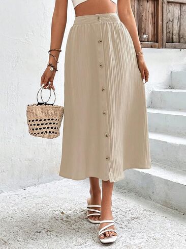 Milumia Women's Button Front A Line Midi Skirt High Waisted Plisse Flared Swing Skirts in Saudi Arabia