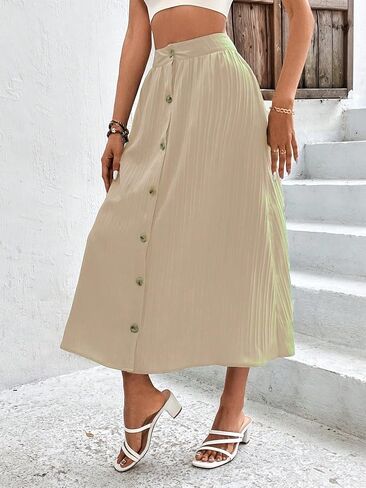 Milumia Women's Button Front A Line Midi Skirt High Waisted Plisse Flared Swing Skirts in Saudi Arabia