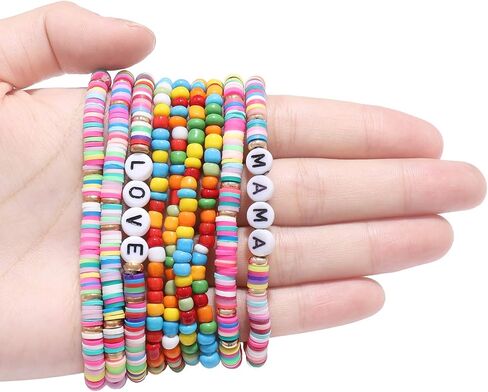Heishi Bracelets for Women Colorful Vinyl Disc Bead Stretch Bracelets Stackable Beach Surf Letter Strand Bracelets for Girls Birthday Party Gifts in Saudi Arabia